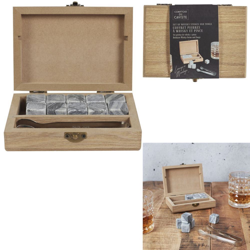 Box mit 10 Whiskysteinen und Zange Edle Holz-Geschenkbox echte Mineralsteine