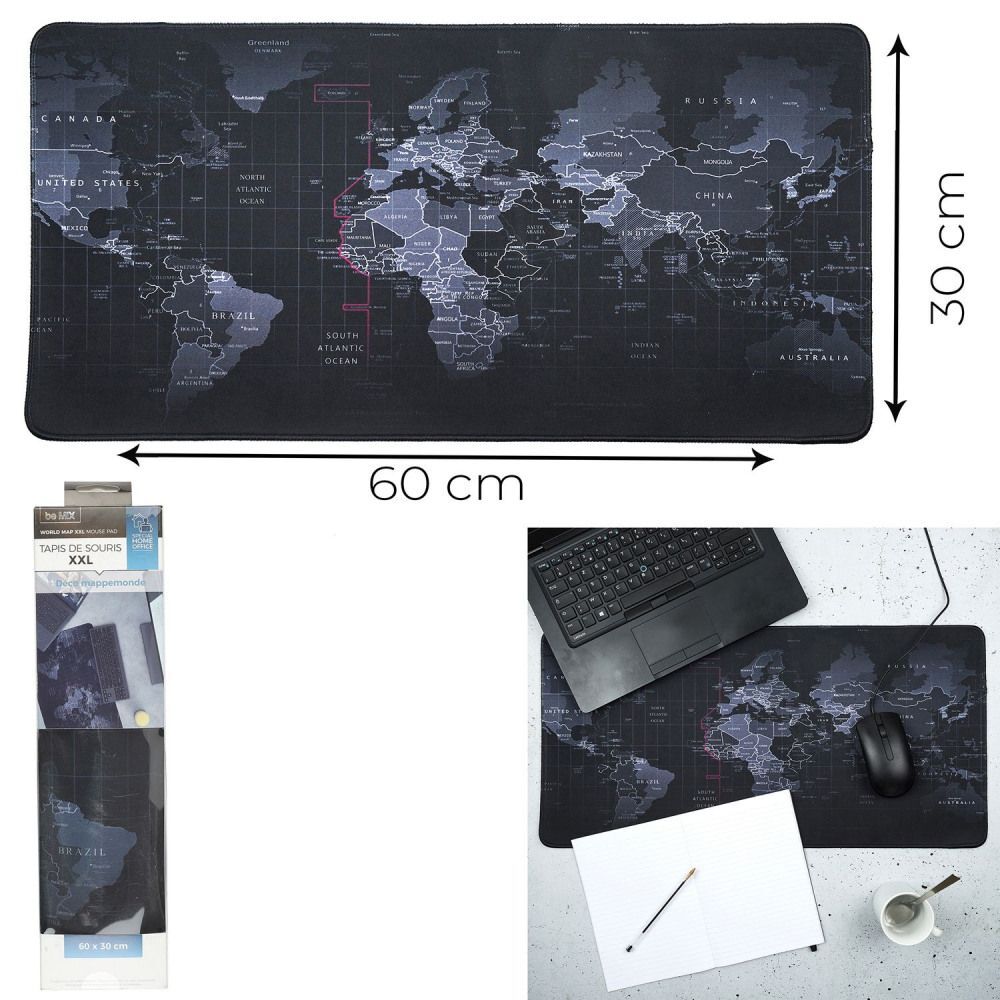 Mousepad XXL Motiv Weltkarte ca. 60 x 30 cm schwarze Grundfarbe Elastomer-Gummi