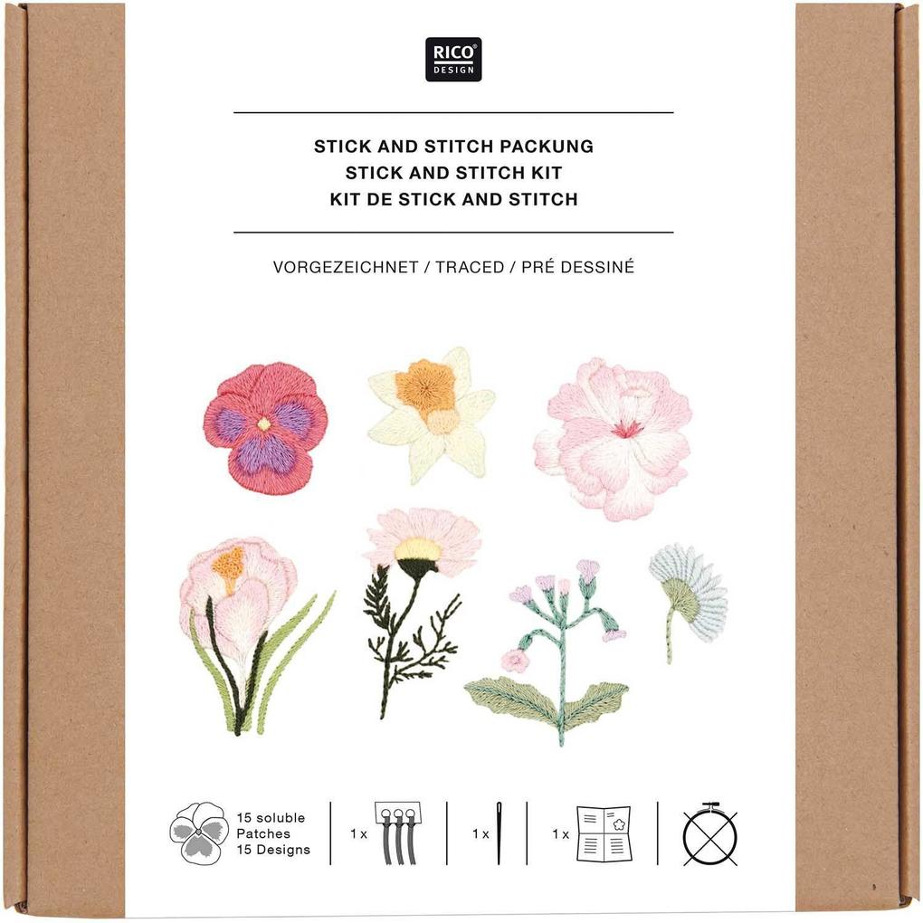 Stick & Stitch Packung Frühlingsblumen inkl. wasserlöslicher Stickvorlage inkl. wasserlöslicher bedruckter Stickvorlage Stickg