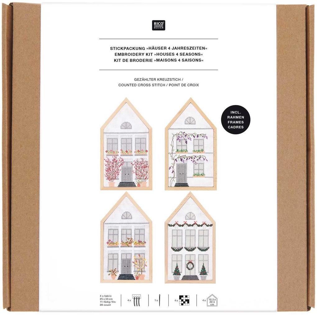 Rico Design GmbH & Co.Kg Stickpackung Gezählter Kreuzstich Häuser 4 Jahreszeiten Medium Inkl. 4 X Dekostickrahmen Haus M