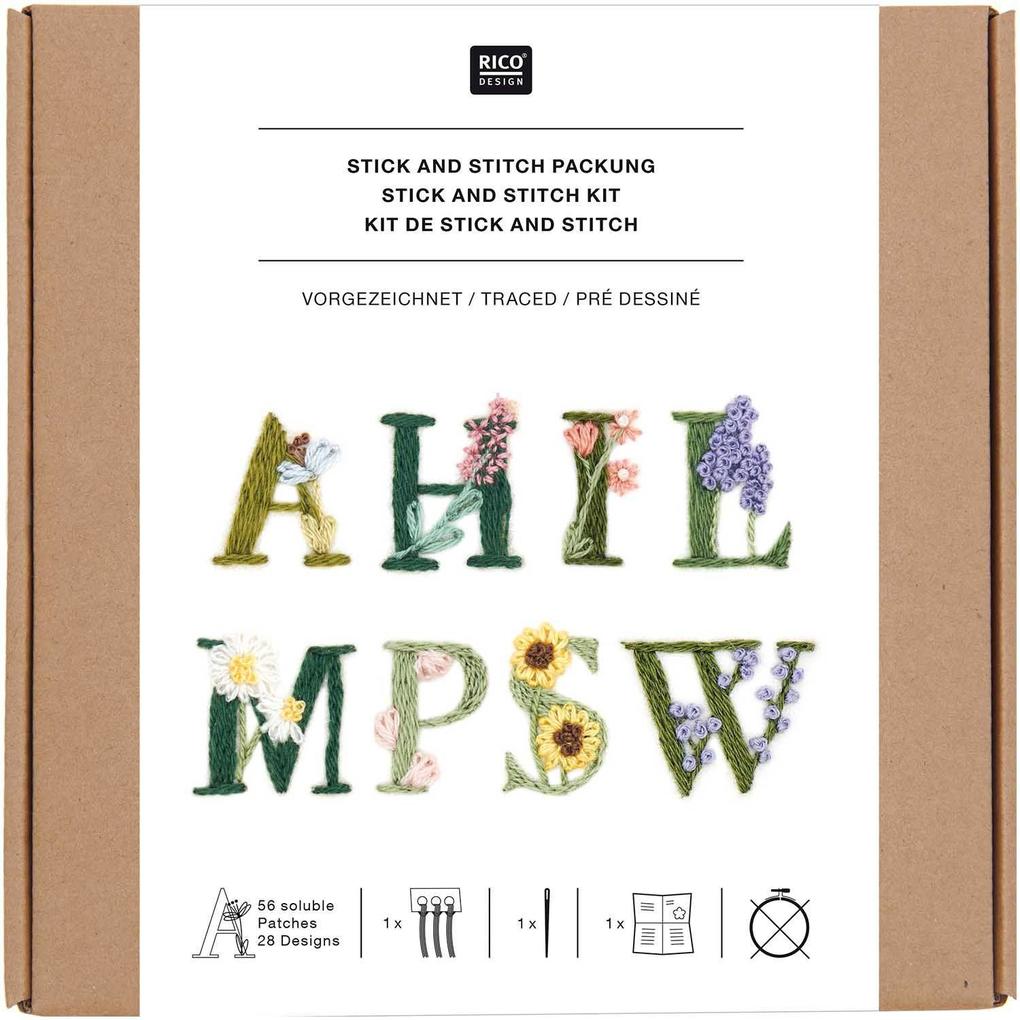 Stick & Stitch Packung Blumenalphabet bunt inkl. wasserlöslicher bedruckter Stickvorlage Stickgarn Sticknadel und Anleitung