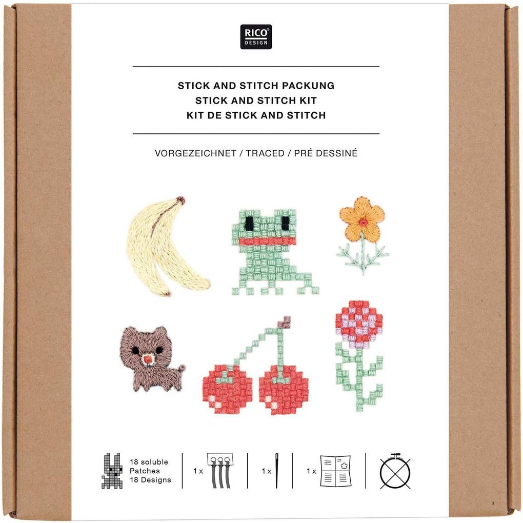 Stick & Stitch Packung Pixel Art Mix inkl. wasserlöslicher Stickvorlage inkl. wasserlöslicher bedruckter Stickvorlage Stickgar