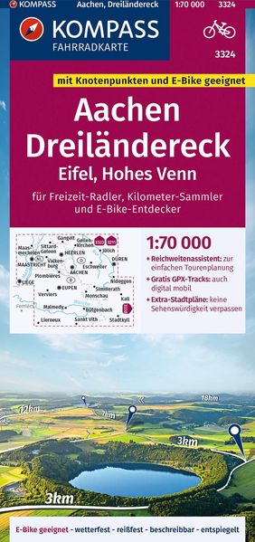 KOMPASS Fahrradkarte 3324 Aachen Dreiländereck Eifel Hohes Venn mit Knotenpunkten 1:70.000