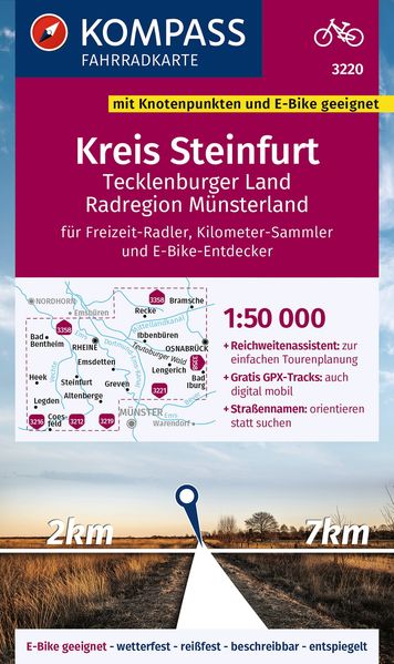 KOMPASS Fahrradkarte 3220 Kreis Steinfurt Tecklenburger Land Radregion Münsterland mit Knotenpunkten 1:50.000