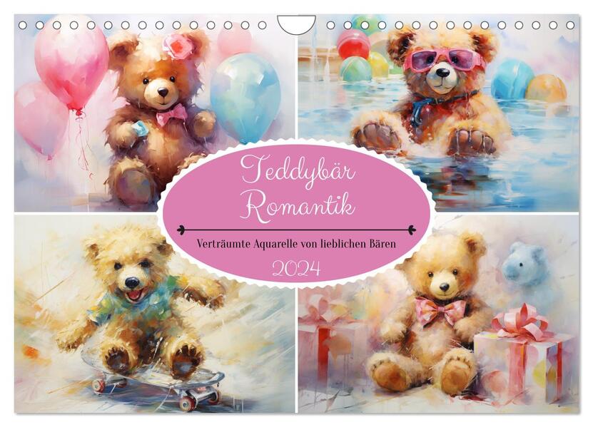 Teddybär Romantik. Verträumte Aquarelle von lieblichen Bären (Wandkalender 2024 DIN A4 quer) CALVENDO Monatskalender