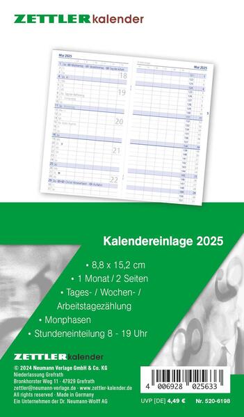 Kalender-Ersatzeinlage 2025 - für den Taschenplaner Typ 520 - 88x152 cm - 1 Monat auf 2 Seiten - separates Adressheft - faltbar - Notiz-Heft - 520-6198