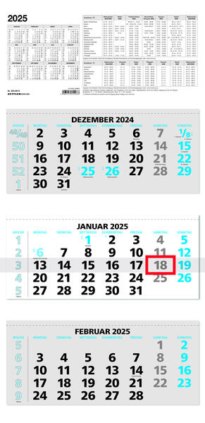 3-Monatskalender 2025 - 335x71 blau - mit Kopftafel - Datumsschieber - 5 sprachig - 3 Blöcke - 953-0015