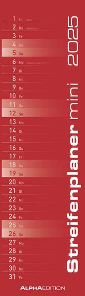 Streifenplaner Mini Rot 2025 - Streifen-Kalender 95x33 cm - Küchenkalender - Wandplaner - Alpha Edition