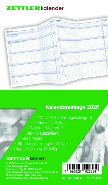Kalender-Ersatzeinlage 2025 - für den Taschenplaner Leporello Typ 510 - 88 x 152 cm - 1 Monat auf 2 Seiten - separates Adressheft - 501-6198