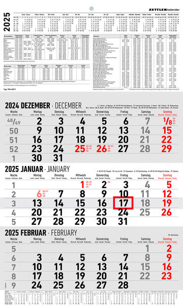 3-Monatskalender groß 2025 - Büro-Kalender 30x488 cm (geöffnet) - mit Datumsschieber - Zettler - 954-0011