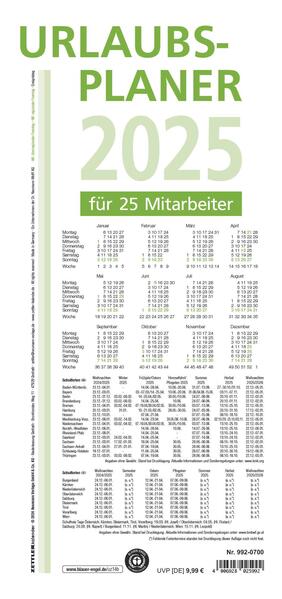 Urlaubsplaner 2025 - 100x297 cm - 16 Monate - für bis zu 25 Personen - aus Recyclingpapier - Blauer Engel - Wandplaner - 992-0700
