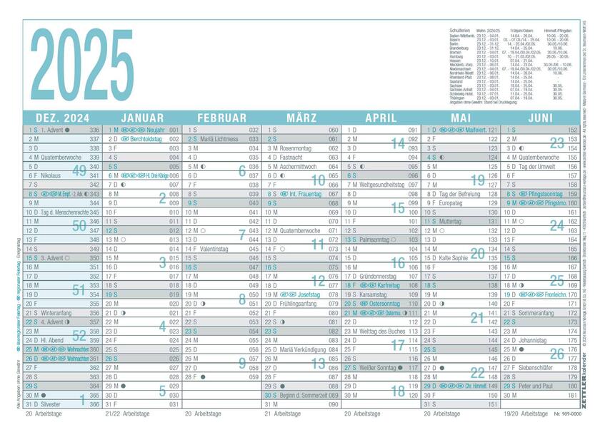 Arbeitstagekalender grau/türkis 2025 - A4 (297 x 21 cm) - 7 Monate auf 1 Seite - Tafelkalender - Pl