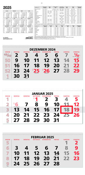 3-Monatskalender 2025 - 335x71 rot - mit Kopftafel - Datumsschieber - 5 sprachig - 3 Blöcke - 953-0011