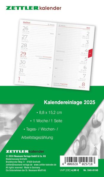 Kalender-Ersatzeinlage 2025 - für den Taschenplaner Typ 540 - 88x152 cm - 1 Woche auf 1 Seiten - separates Adressheft - faltbar - Notizheft - 520-6198