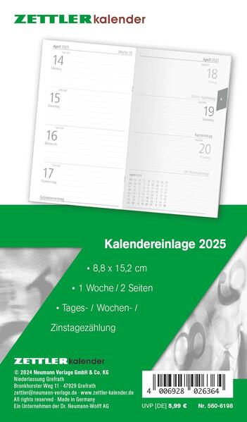 Kalender-Ersatzeinlage 2025 - für den Taschenplaner Typ 560 - 88x152 cm - 1 Woche auf 2 Seiten - separates Adressheft - Notizheft - 520-6198
