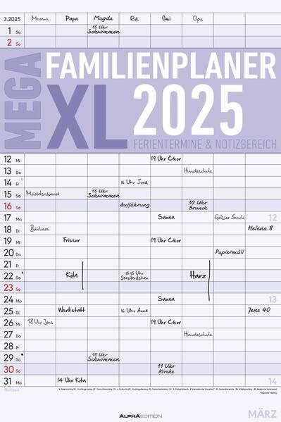 Der MEGA-Familienplaner XL 2025 mit 8 Spalten - Familien-Timer 33x495 cm - Offset-Papier - mit Ferienterminen - Wand-Planer - Alpha Edition