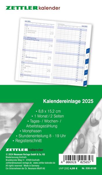 Kalender-Ersatzeinlage 2025 - für den Taschenplaner Typ 530 - 88x152 cm - 1 Monat auf 2 Seiten - Registerschnitt - separates Adressheft - Notizheft - 530-6198