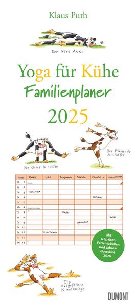 Yoga für Kühe Familienplaner 2025 - Wandkalender - Familien-Kalender mit 6 Spalten - Format 22 x 495 cm