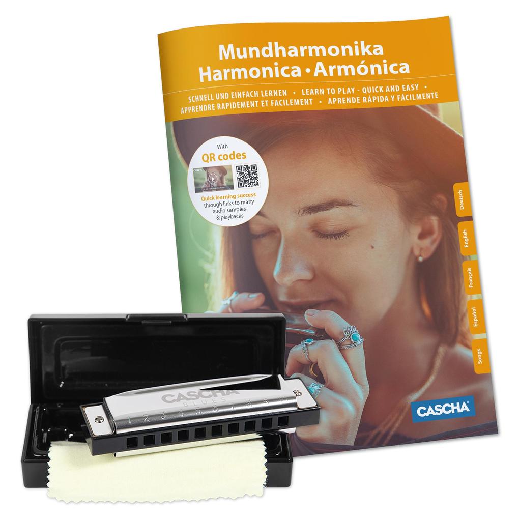Blues Harmonica Set (incl. 4 languages Method (DE/EN/FR/ES) case cleaning cloth)