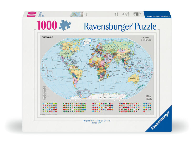 Ravensburger Puzzle 12000065 - Politische Weltkarte - 1000 Teile Puzzle für Erwachsene und Kinder ab 14 Jahren Puzzle-Weltkarte mit Flaggen