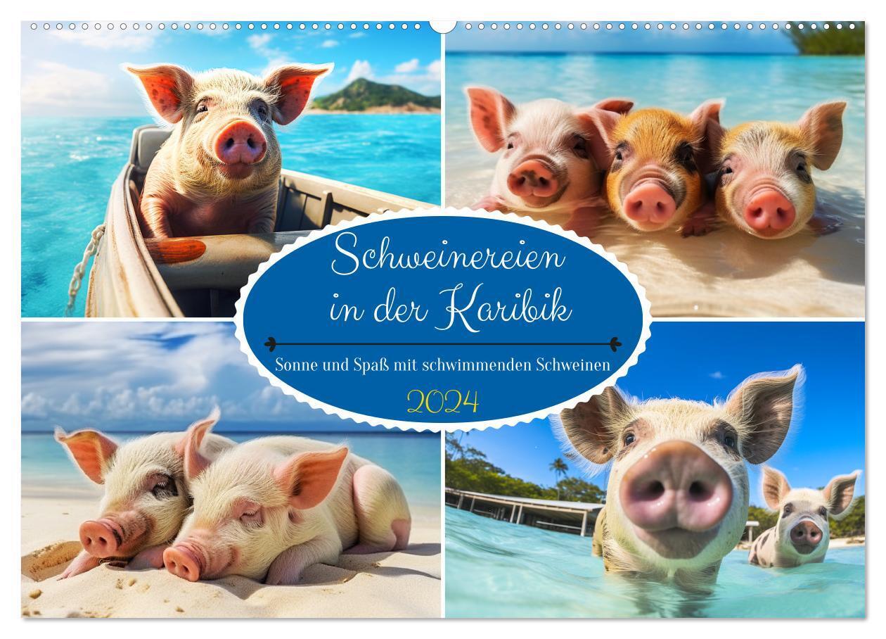 Schweinereien in der Karibik. Sonne und Spaß mit schwimmenden Schweinen (Wandkalender 2024 DIN A2 quer) CALVENDO Monatskalender