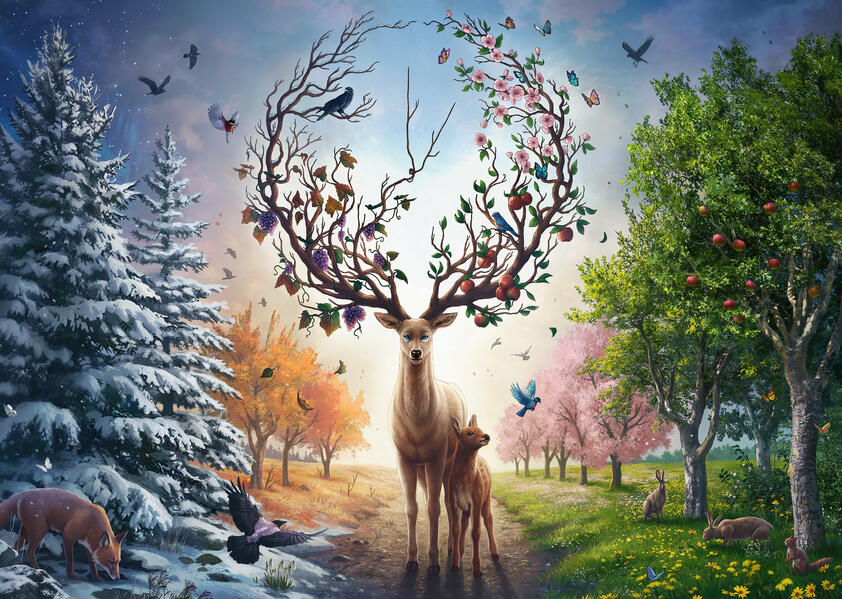Erwachsenenpuzzle 1000 Teile - Der magische Hirsch und die vier Jahreszeiten