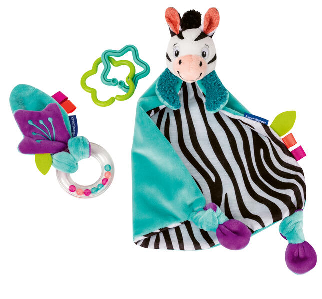 Ravensburger 4858 play+ Fühlen rasseln spielen (Geschenk-Set: Zebra) Schmusetuch Geschenk zur Geburt Taufe Baby Shower Stimulation der Sinne fördert die Feinmotorik für Babys ab 0 Monaten