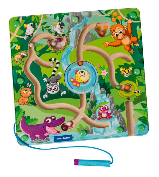 Ravensburger 4873 play+ Magnetisches Holz-Labyrinth: Dschungel schult Feinmotorik Geschicklichkeit und Farberkennung Reisebegleiter pädagogisches Holzspielzeug für Kinder ab 18 Monaten