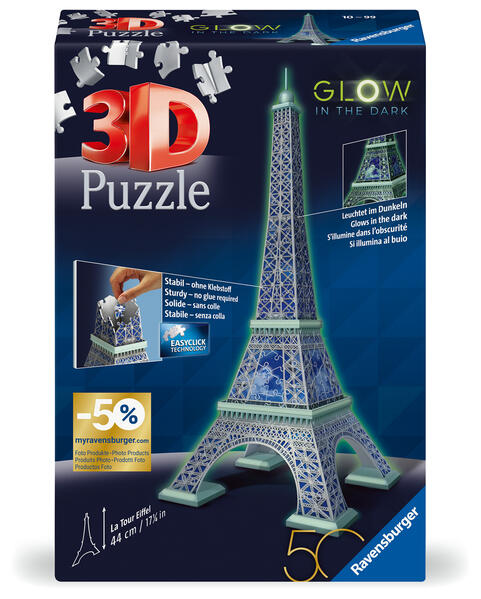 Ravensburger 3D Puzzle 11591 - Eiffelturm Glow-In-The-Dark Edition - Das Wahrzeichen aus Paris nachleuchtend als Geschenk oder zum selber Puzzeln in 3D ab 10 Jahren