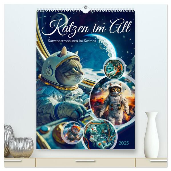 Katzen im All - Katzenastronauten im Kosmos (hochwertiger Premium Wandkalender 2025 DIN A2 hoch) Kunstdruck in Hochglanz