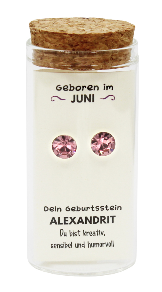 'Juni' Geburtsstein Ohrstecker im Gläschen