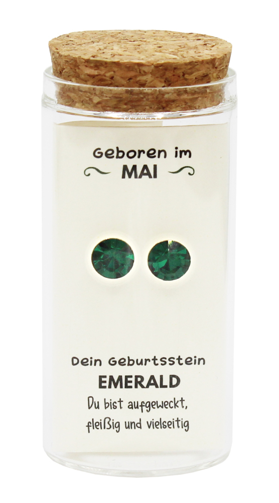 'Mai' Geburtsstein Ohrstecker im Gläschen