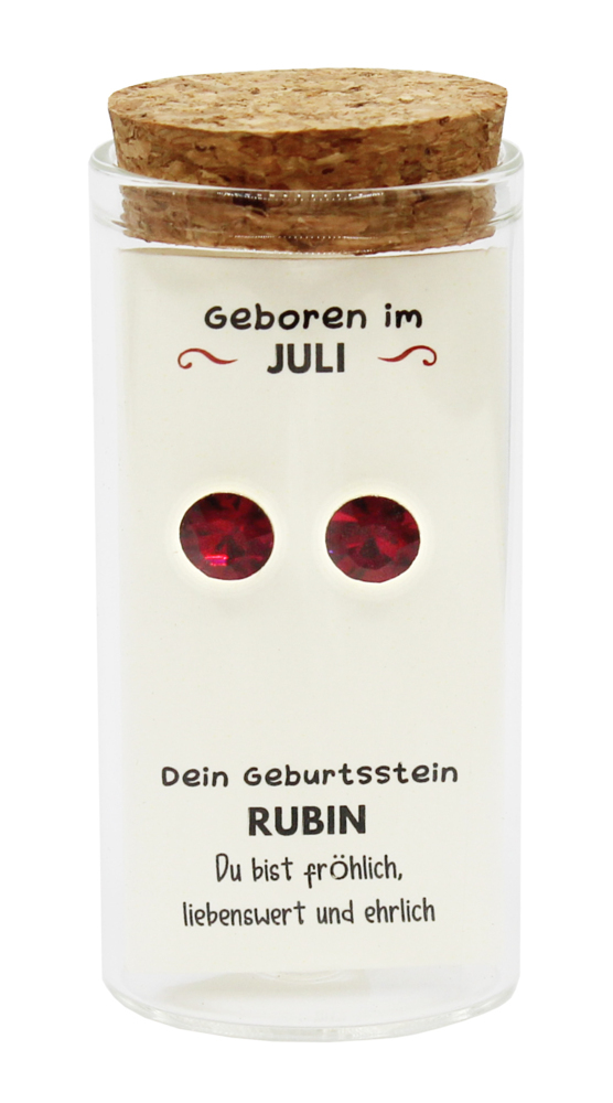 'Juli' Geburtsstein Ohrstecker im Gläschen
