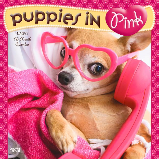 Puppies in Pink 2025 12 X 24 Inch Monthly Square Wall Calendar Plastic-Free