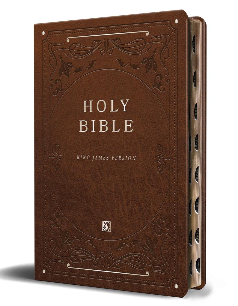 KJV Holy Bible Giant Print Thinline Large Format Brown Premium Imitation Leath Er with Ribbon Marker Red Letter and Thumb Index