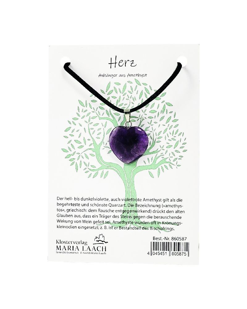 Halsanhänger Herz Amethyst 2 cm mit Schnur auf Kärtchen