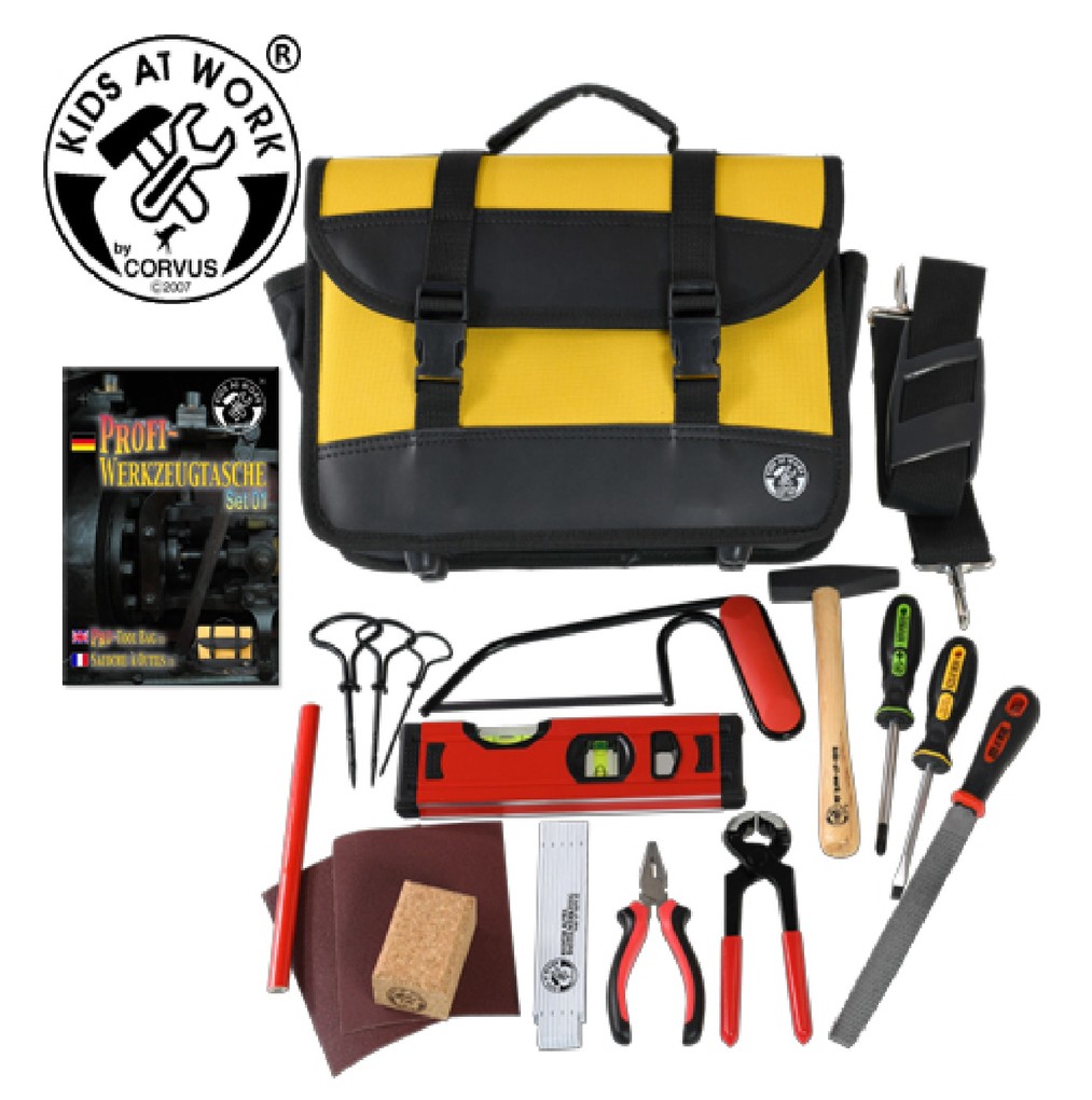 Corvus A600187 - Kids at work Profi-Werkzeugtasche Set 01 gelb/schwarz mit Werkzeug