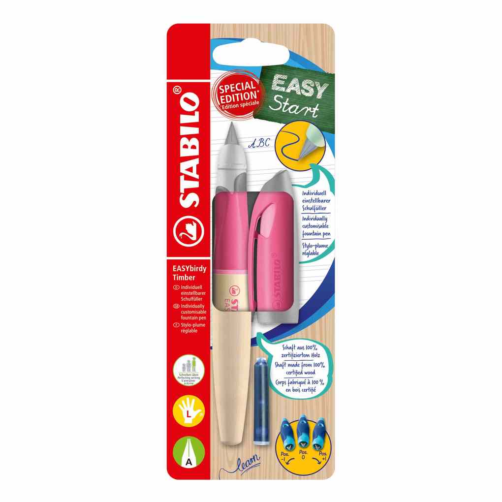 STABILO Füller EASYbirdy Timber in pink - inkl. Patrone ergonomisch für Linkshänder mit Anfänger-Feder A