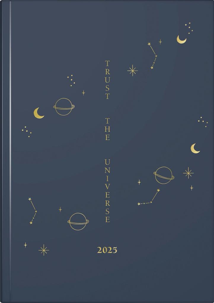 rido/idé 7021507025 Buchkalender Young Line (2025) Universe| 2 Seiten = 1 Woche| A5| 160 Seiten| Grafik-Einband| dunkelblau
