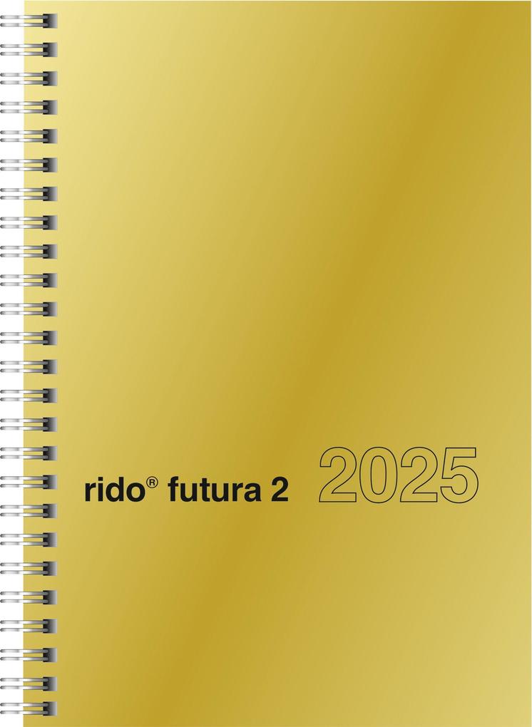 rido/idé 7021121915 Buchkalender Modell futura 2 (2025)| 2 Seiten = 1 Woche| A5| 160 Seiten| Glanzkarton-Einband| goldfarben