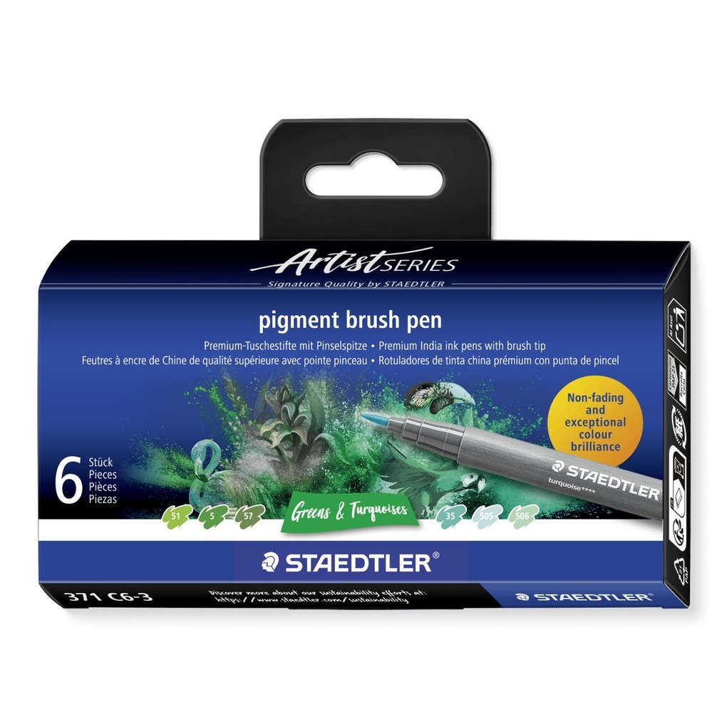STAEDTLER Pigment brush pen, 6er-Set - Greens & Turquoises
