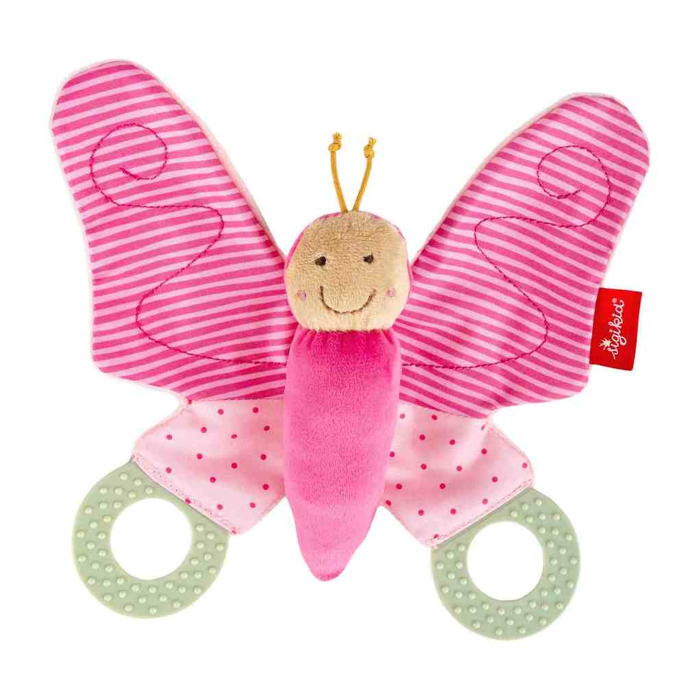 sigikid 43353 - Knistertuch Schmetterling pink Kinderbunt 22 cm Schmusetuch Babyspielzeug