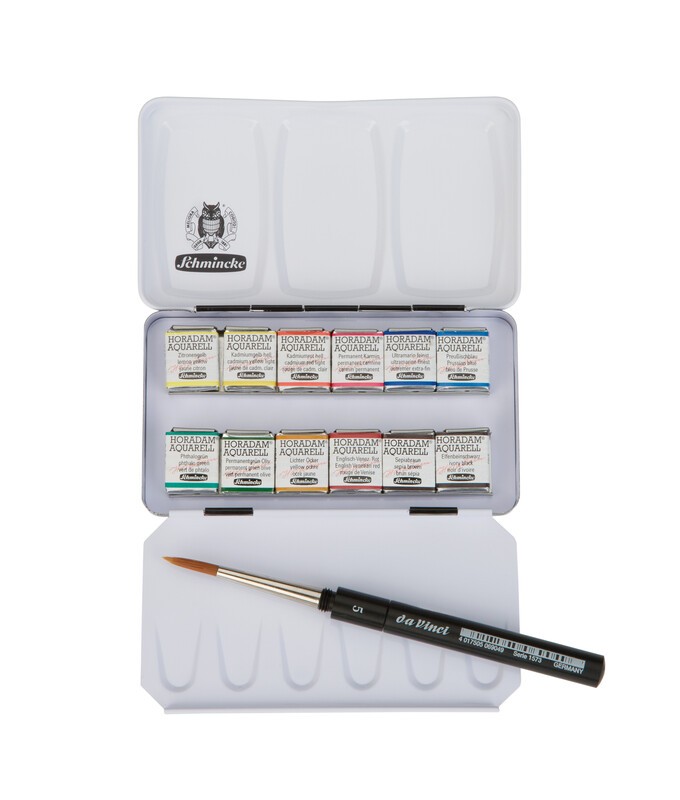 Schmincke Horadam Aquarell Metallkasten 12 x 1/2 Näpfchen + daVinci Pinsel
