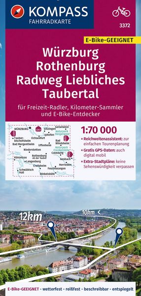 KOMPASS Fahrradkarte 3372 Würzburg Rothenburg Radweg Liebliches Taubertal 1:70.000