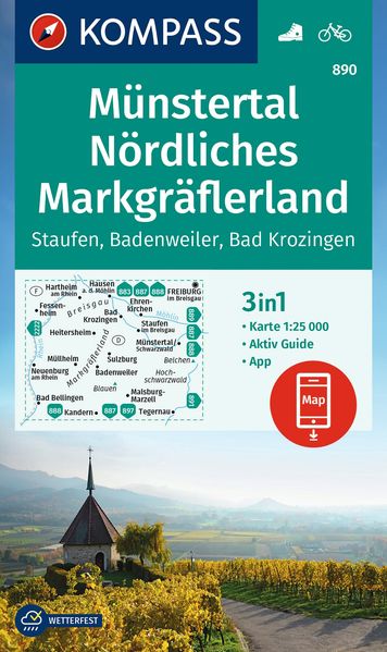 KOMPASS Wanderkarte 890 Münstertal Nördliches Markgräflerland Staufen Badenweiler Bad Krozingen 1:25.000