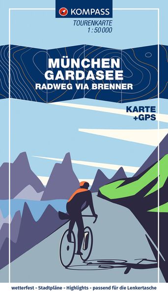 KOMPASS Fahrrad-Tourenkarte München - Gardasee Radweg via Brenner 1:50.000