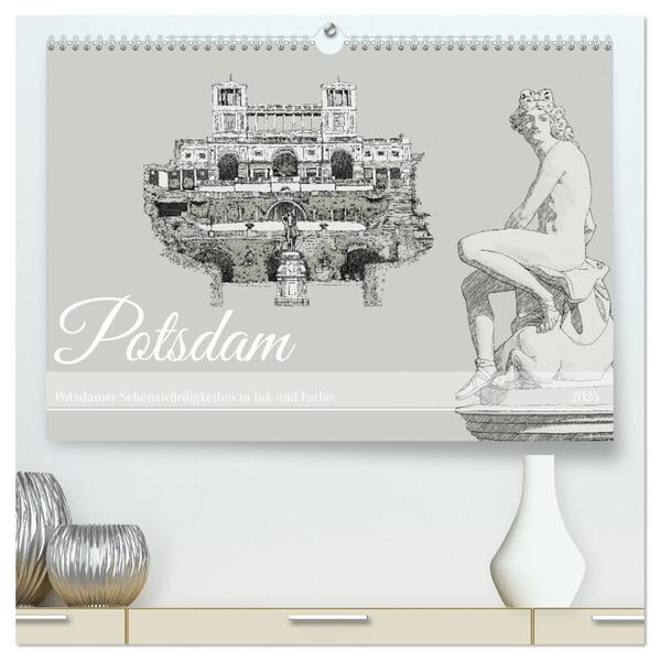 Potsdamer Sehenswürdigkeiten in Ink und Farbe (hochwertiger Premium Wandkalender 2025 DIN A2 quer) Kunstdruck in Hochglanz