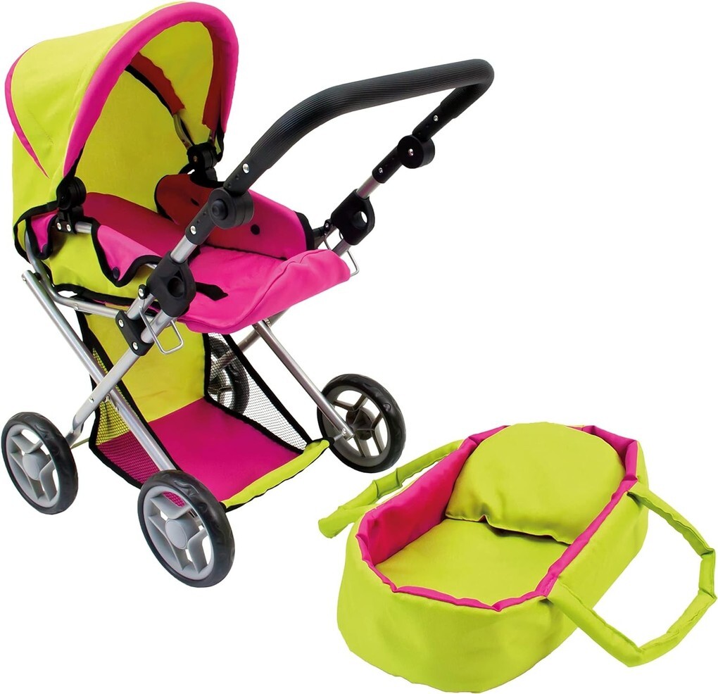 Bino 82910 - Puppenwagen mit Babytasche für Puppen von ca. 45 cm zusammenklappbar grün-pink