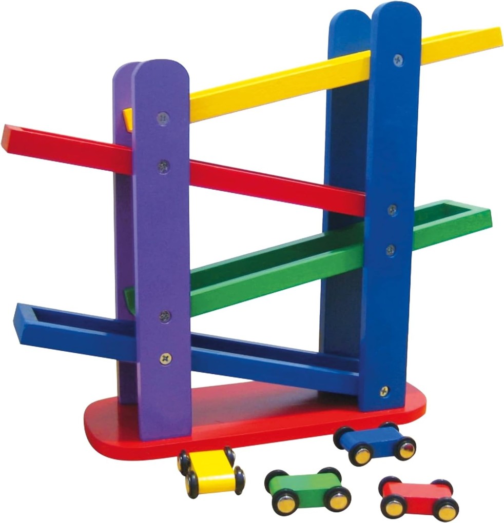 Bino 84070 - Kinder-Autobahn mit 4 Autos Holz bunt Höhe: ca. 28 cm