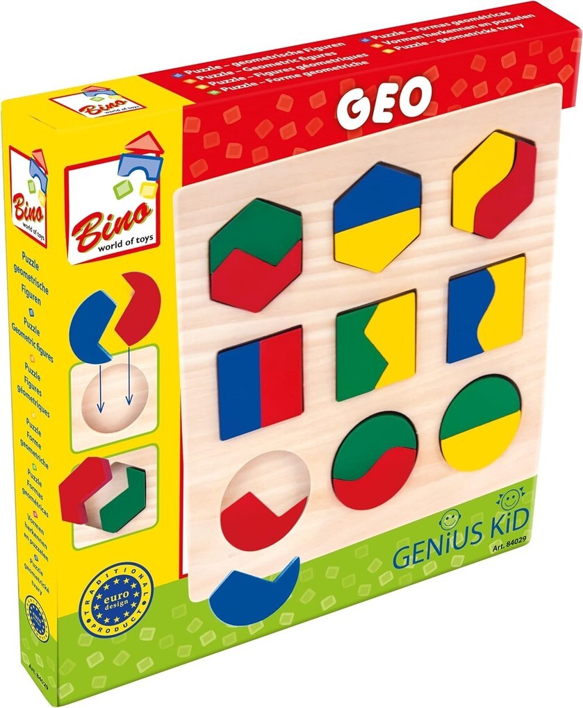 Bino 84029 - Genius Kid Geo Puzzle Geometrisches Formenspiel Steckspiel Holz Lernspiel